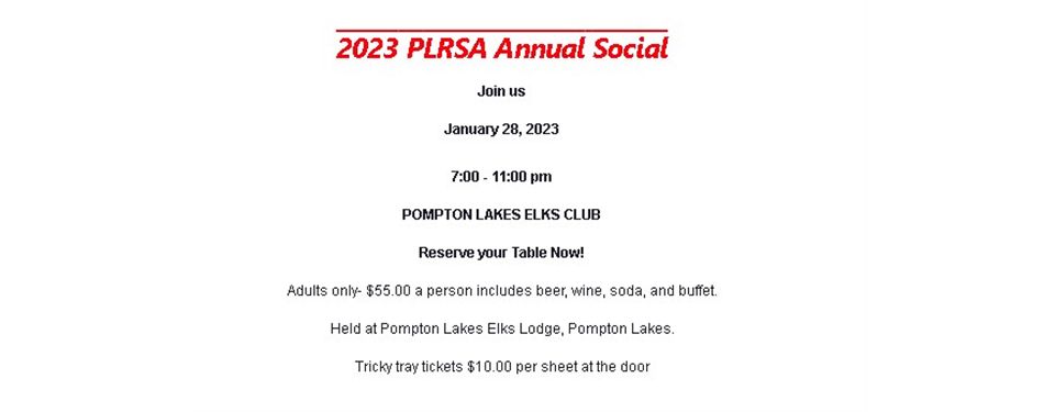 PLRSA Annual Social, Sat Jan 28th
